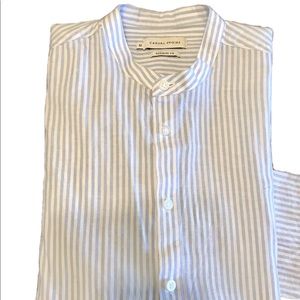 Casual Friday Men’s Collarless Button Down Shirt Blue White Stripe M